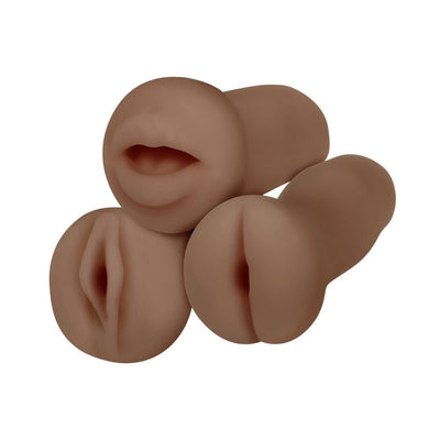Three dark-toned 3-piece stroker pack featuring oral, vaginal, and anal textured openings for varied sensations.