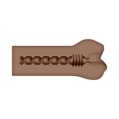 Cross-section view of a dark brown stroker showing textured inner channel with nodules and rings for enhanced sensation.
