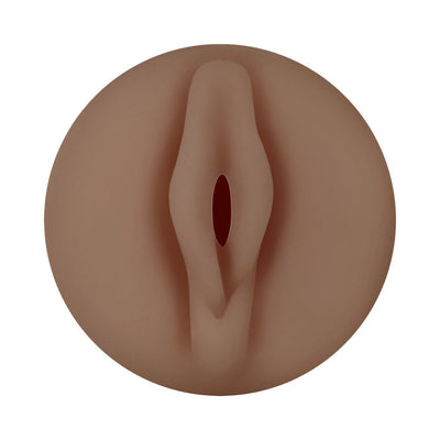 Close-up of a dark-toned, life-like stroker with a soft, textured opening for intimate use.