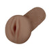 Dark-toned life-like stroker with textured inner channel and realistic opening for intimate use.