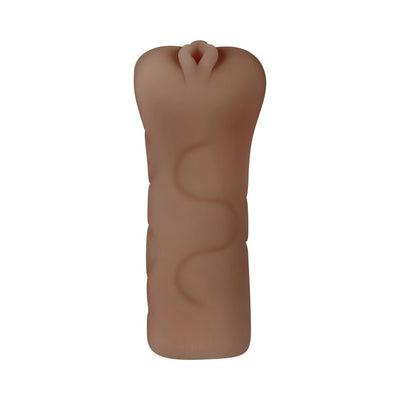 Dark-toned textured male stroker with a soft, realistic design and contoured surface for enhanced grip.