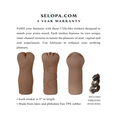 Three life-like dark strokers with unique textures and a vibrating ring, displayed with product details and warranty information.