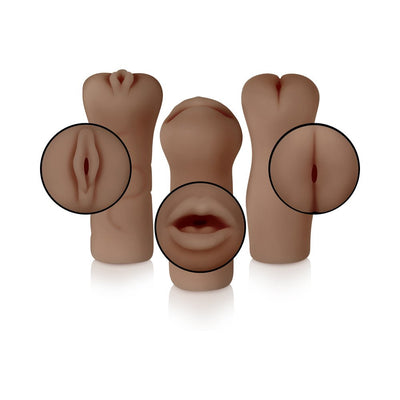 Three dark-toned strokers in a set, featuring realistic textures of vaginal, oral, and anal openings with close-up insets.