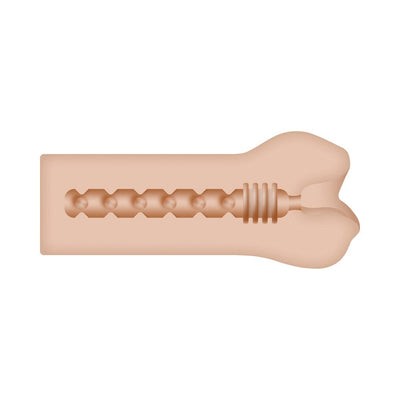 Cross-section view of a light-toned stroker showing textured inner canal with nodules and rings for enhanced sensation.