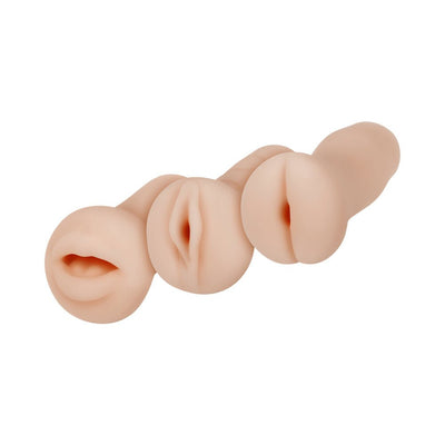 Set of three light-colored life-like strokers with distinct textured openings for varied sensations.