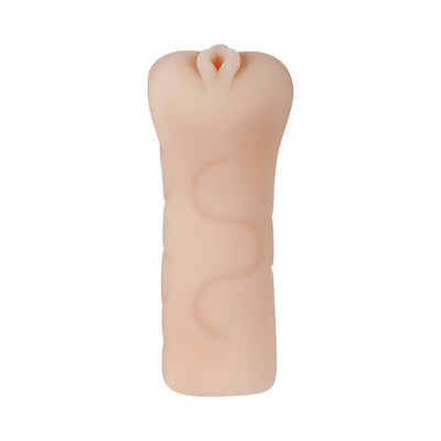 Light beige textured male stroker sleeve with a soft, flexible design and realistic orifice detail.