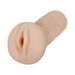 Compact life-like stroker in light skin tone with textured exterior and realistic vaginal opening design.