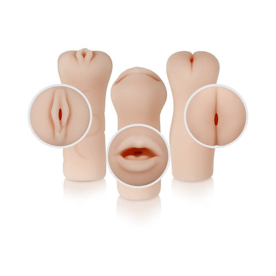 Set of three light-toned strokers featuring distinct inner textures for anal, vaginal, and oral sensations.