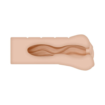 Cross-section view of a life-like stroker showing textured inner channel designed for realistic sensations.