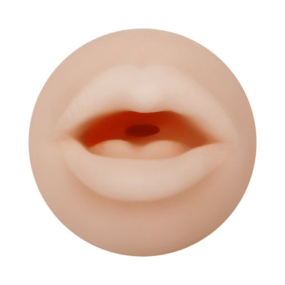 Close-up of a soft, life-like oral stroker with detailed lips in a natural skin tone.