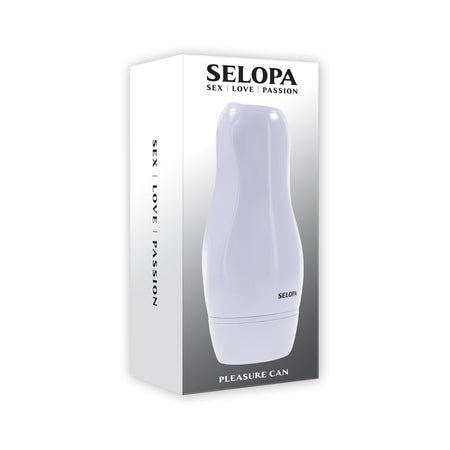 Selopa Pleasure Can White discreet vibrating stroker in sleek white packaging with brand logo and product name.