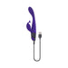 Purple dual stimulator with curved textured tip and flexible tickler, shown with USB charging cable attached.