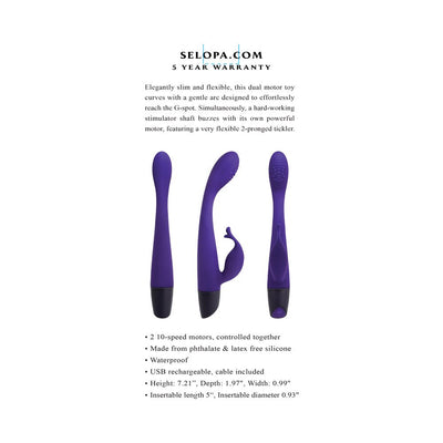 Three views of the Selopa Plum Passion rechargeable dual stim purple silicone vibrator with product details and features text.