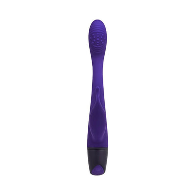 Slim purple rechargeable dual stimulator with textured tip and flexible tickler on a black base.