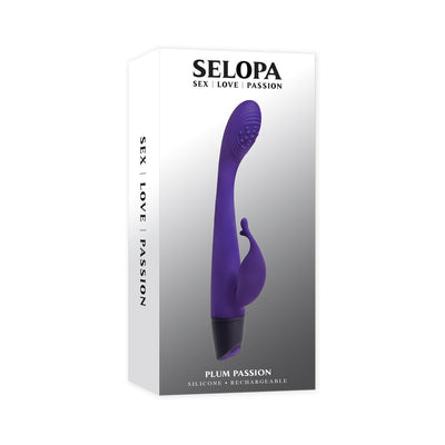 Selopa Plum Passion dual stimulator in purple silicone with textured G-spot curve and flexible tickler, shown on product packaging.