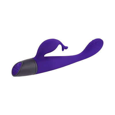 Purple rechargeable dual stimulator with textured tip and flexible tickler, designed for targeted G-spot stimulation.