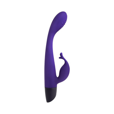 Purple silicone dual stimulator with curved G-spot shaft and flexible external tickler, rechargeable and waterproof design.