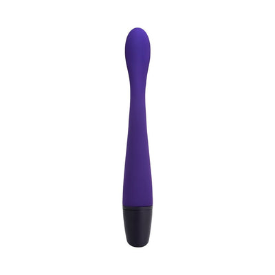 Slim purple silicone dual stimulator with curved tip and black base, designed for targeted pleasure.
