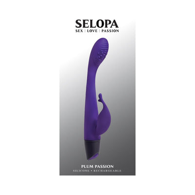 Purple silicone rechargeable dual stimulator with textured G-spot curve and flexible tickler attachment.