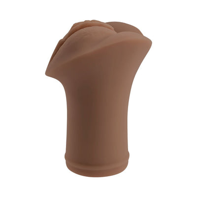 Compact dark-toned flexible pocket stroker with realistic textured entrance for personal pleasure.