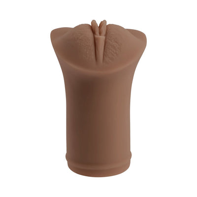 Compact dark-toned pocket stroker with realistic textured design and soft, flexible material.