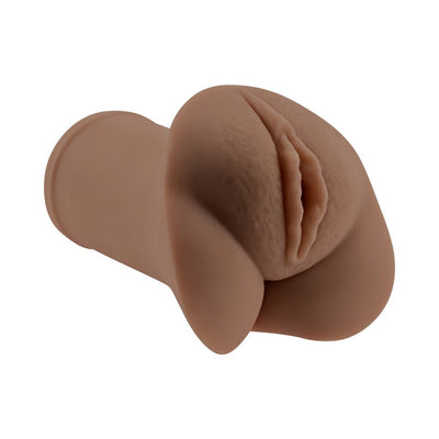 Compact dark-toned flexible pocket stroker with realistic textured design and soft material.