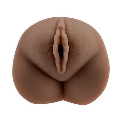 Compact dark-toned pocket-sized stroker with realistic texture and soft, flexible design for personal use.