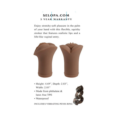 Selopa Pocket Pleaser Stroker in dark tone showing realistic lips and vaginal entry with included vibrating penis ring.