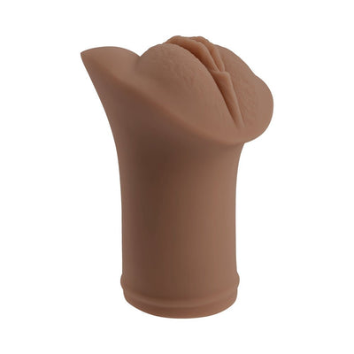 Compact dark brown flexible pocket stroker with realistic textured vaginal opening design.