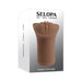 Selopa Pocket Pleaser Stroker in dark tone displayed on white and gray packaging with brand name and product details.