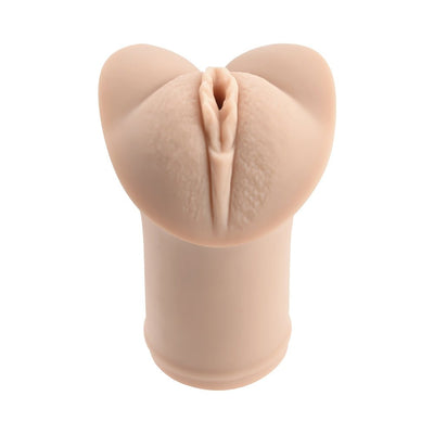 Compact flesh-toned flexible stroker with realistic sculpted vaginal entry and textured surface.