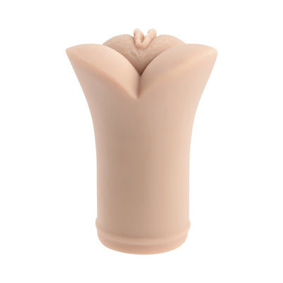 Compact flesh-toned flexible stroker with realistic sculpted vaginal entry and smooth exterior design.