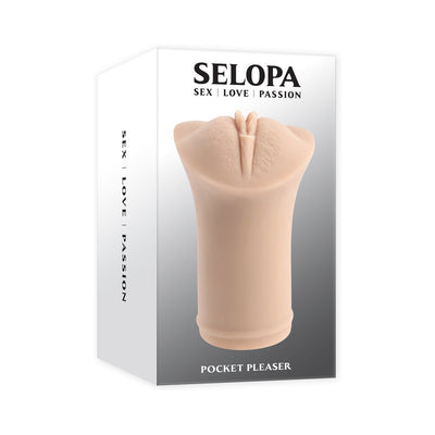 Selopa Pocket Pleaser Stroker Light in beige with realistic texture displayed on white and gray packaging.