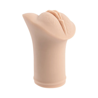 Compact flesh-toned flexible pocket stroker with realistic sculpted vaginal entry and soft texture.