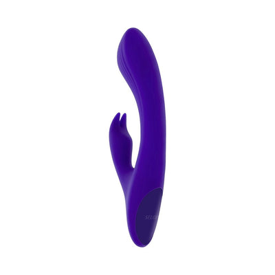 Purple silicone rechargeable dual stimulator with flexible main shaft and rabbit-ear design.