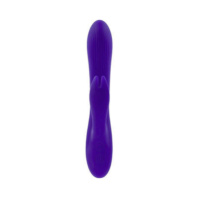 Purple silicone rechargeable dual stimulator with textured shaft and rabbit-shaped clitoral stimulator.