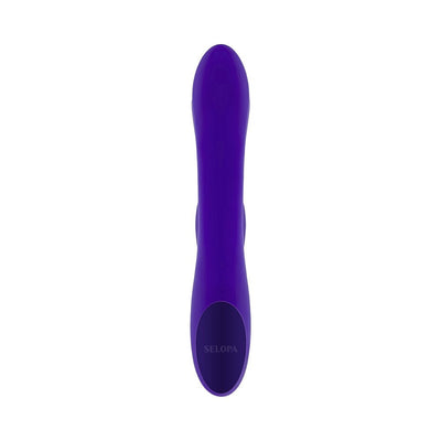 Purple silicone rechargeable dual stimulator with a smooth, curved design and ergonomic handle.