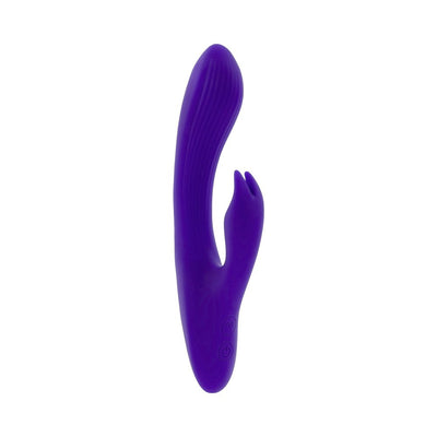 Purple silicone rechargeable dual stimulator with textured shaft and rabbit-shaped clitoral stimulator, featuring control buttons.