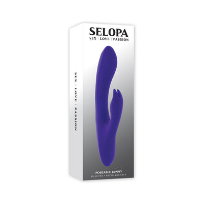 Purple silicone poseable bunny vibrator with dual stimulation shown on white product packaging.