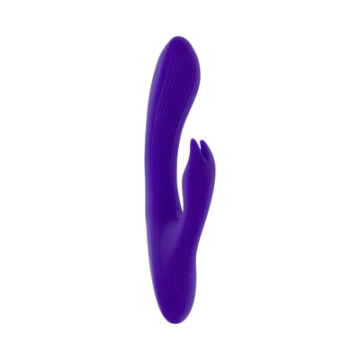 Purple silicone dual stimulator with textured shaft and rabbit-ear design, featuring control buttons on the handle.