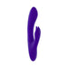 Purple silicone dual stimulator with textured shaft and rabbit-ear design, featuring control buttons on the handle.