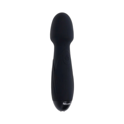 Black silicone rechargeable vibrating wand with rounded head and textured grip by Selopa.