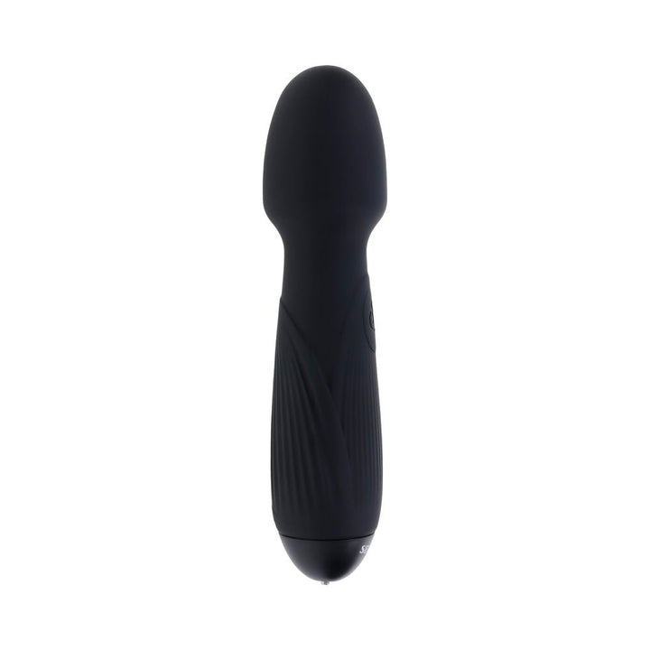 Black silicone rechargeable vibrating wand with textured grip and rounded head, designed for versatile use.
