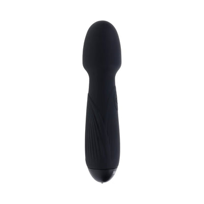 Black silicone rechargeable vibrating wand with textured grip and rounded head, designed for versatile use.
