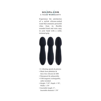 Three black silicone vibrating wands with textured grips shown with product features and warranty details.