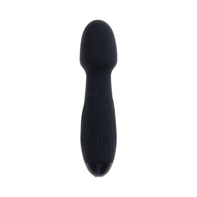 Black silicone rechargeable vibrating wand with rounded head and textured grip, sleek and compact design.