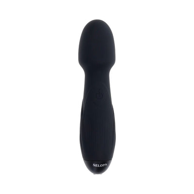 Black silicone vibrating wand with rounded head and textured grip, featuring a power button and Selopa branding.