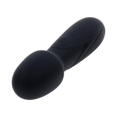 Black silicone rechargeable vibrating wand with textured grip and rounded head, sleek and compact design.