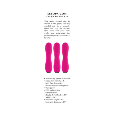 Three pink silicone rechargeable vibes with quilted texture shown from different angles with product features and dimensions.