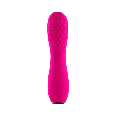 Pink silicone rechargeable mini vibrator with textured quilted head and power button on handle.